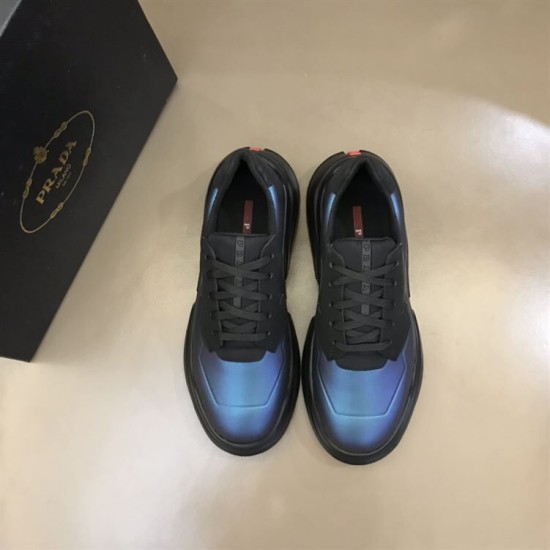 Prada Iridescent Blue Low Top Trainers Overhead View in blue and white Top-down view of Prada Iridescent Blue Low Top Trainers showing laces and insoles in blue and white