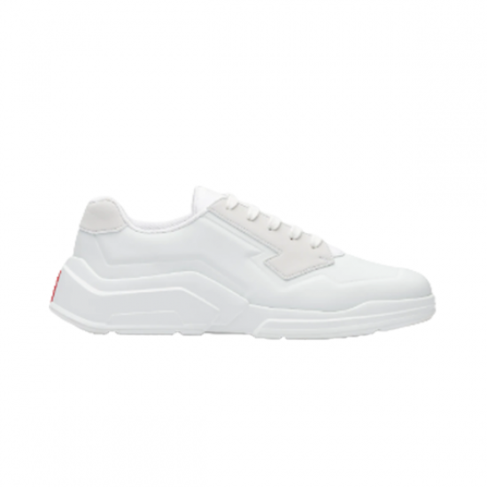 Prada White Leather Trainer Lateral Side View Clean side profile image of Prada white leather low top trainer with chunky rubber sole