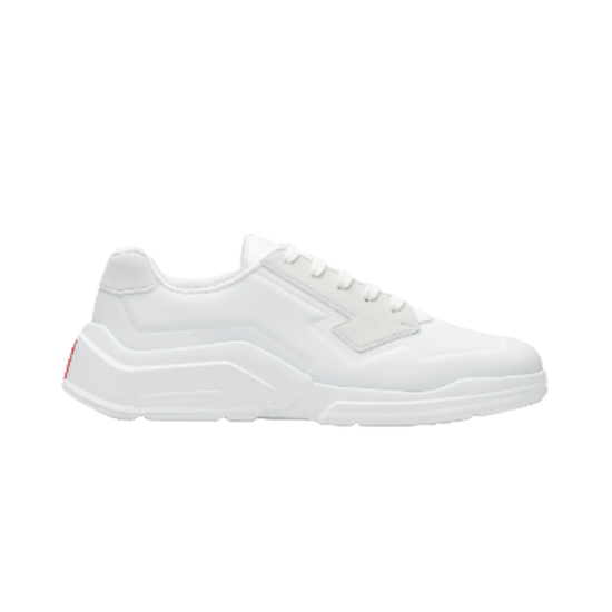 Prada White Leather Trainers Side Profile View Side profile view of Prada white leather low top chunky trainers on a neutral background