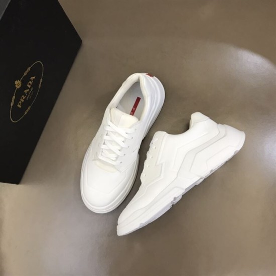 Prada White Leather Trainers Boxed Pair View Pair of Prada white leather low top trainers resting next to product box