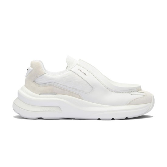 Prada Systeme White Trainers Side Profile View Lateral view of Prada Systeme white trainers with brushed leather and mesh upper on white background