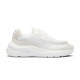 Prada Systeme White Trainers Side Profile View Lateral view of Prada Systeme white trainers with brushed leather and mesh upper on white background