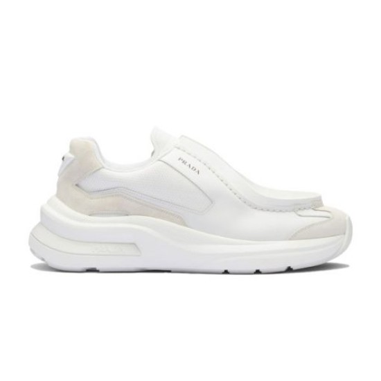 Prada White Low Top Trainer Studio Profile Full side profile of white Prada low top trainers showing treaded sole