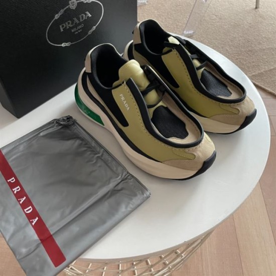 Prada Systeme Yellow Suede Trainers Top Diagonal View Prada Systeme yellow and beige suede trainers with dust bag