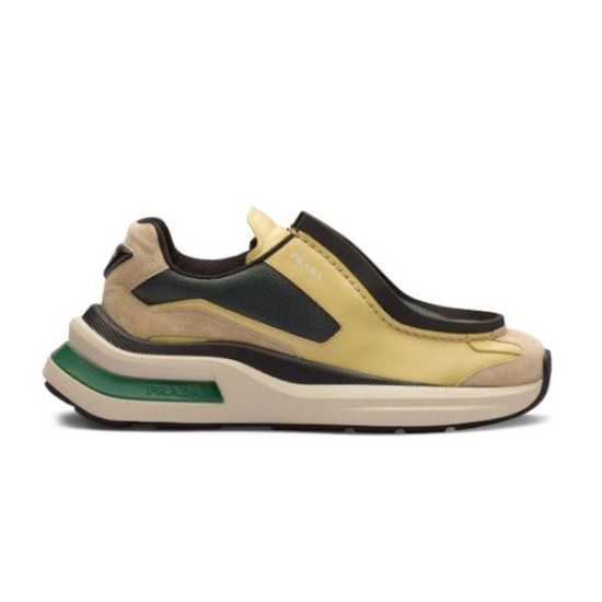 Prada Systeme Yellow Suede Leather Chunky Low Top Trainer Profile Prada Systeme yellow suede leather chunky low top trainer side view