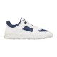 Studio profile shot of Valentino low-top leather trainer in white and navy blue.