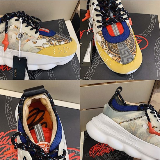 Versace Chain Reaction Trainer Detail Grid View in yellow and white Four-panel collage showing close-up details of Versace Chain Reaction Trainer materials and logos in yellow and white