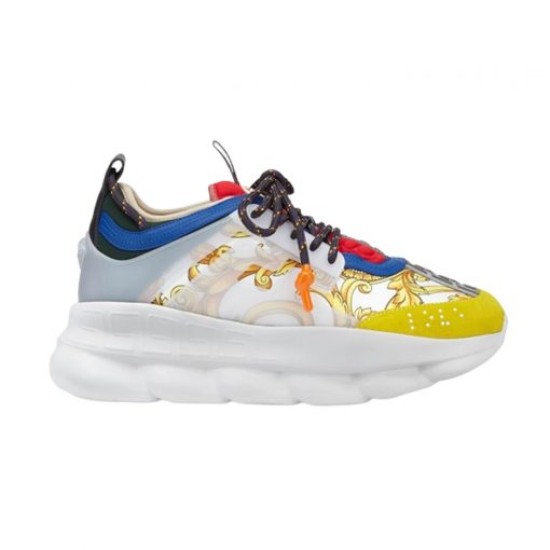 Versace Chain Reaction Trainer Studio View in yellow and white Clean studio profile shot of Versace Chain Reaction Baroque Pattern Chunky Sole Trainers on white background in yellow and white
