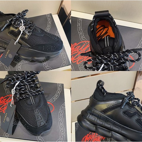 Four-grid collage showing various detailed angles of Versace Chain Reaction black trainers