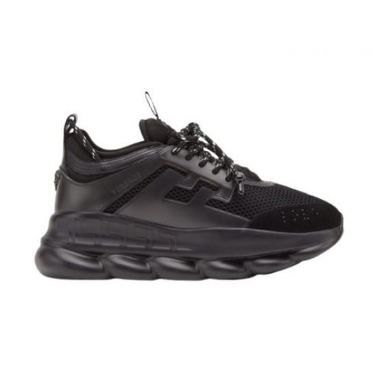 Isolated studio shot of Versace Chain Reaction low top black chunky trainer