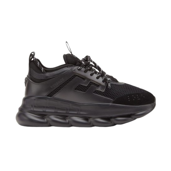 Side profile view of Versace Chain Reaction low top black mesh chunky trainers cutout