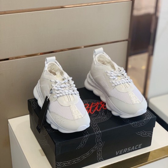Versace Chain Reaction White Trainers Front View Front elevated view of Versace Chain Reaction white trainers with box