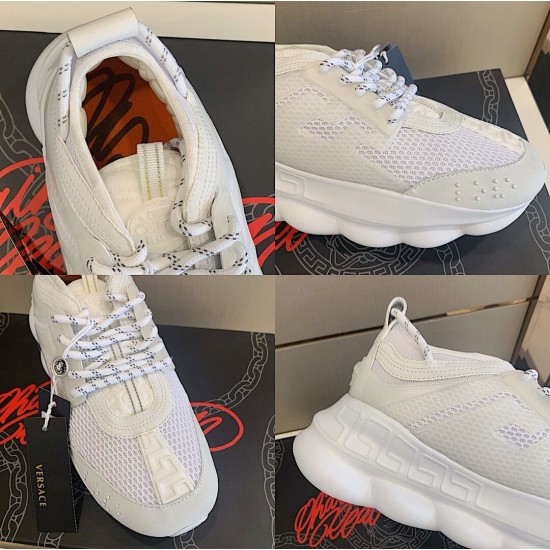 Versace White Trainers Construction Details Four detail collage shots of white Versace trainers featuring collar, lace and sole