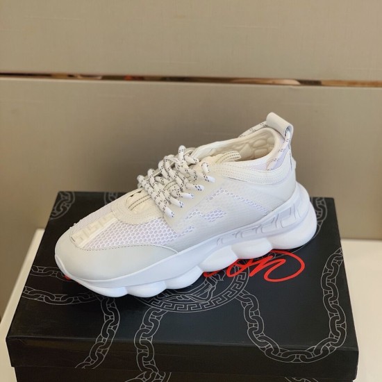 Versace White Trainer Side Profile on Box Side elevated view showing thick chain sole of white Versace trainer