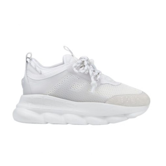 Versace Chain Reaction Low Top White Trainer Clean lateral view of white Versace Chain Reaction trainer on plain background