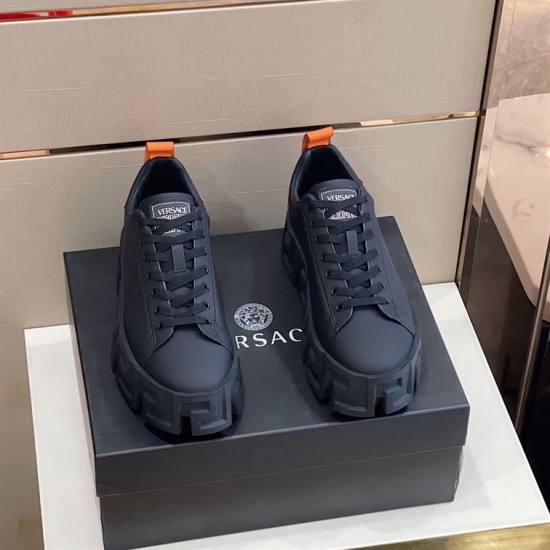 Versace Greca Labyrinth Black Leather Trainers Front Angle Front view of Versace Greca Labyrinth Black Leather Trainers showing lace-up closure and tongue logo