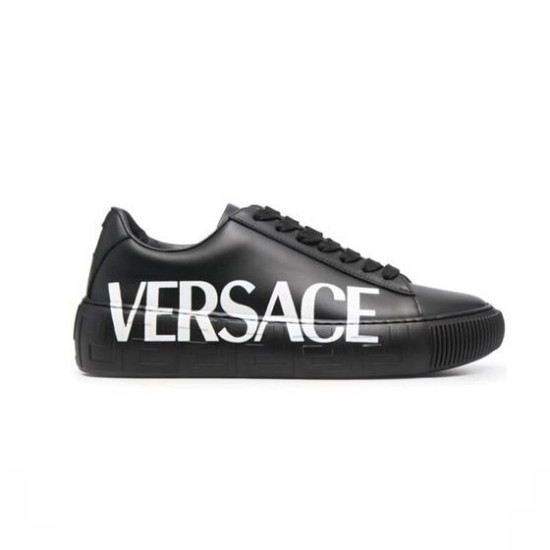 Versace Greca Logo Black Leather Low Top Trainers Side View in black and white Side profile of Versace Greca Logo black leather low top trainers featuring white side lettering