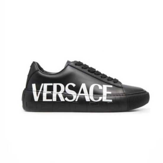 Versace Greca Logo Black Leather Low Top Trainer Profile in black and white Full side view of Versace Greca Logo black leather low top trainer against a white background