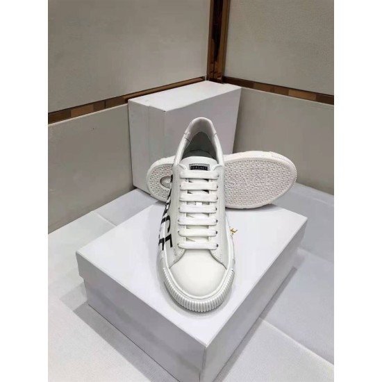 Versace Greca Logo Low Top White Leather Trainers Boxed View Front view of white leather trainer displayed on branded shoebox