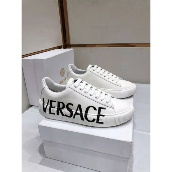 Versace Greca Logo Low Top White Leather Trainers Pair View Pair of Versace Greca Logo Low Top White Leather Trainers on box