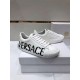 Versace Greca Logo Low Top White Leather Trainers Perspective View Angled front view of Versace Greca Logo Low Top White Leather Trainers