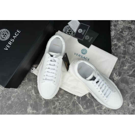 Versace White Leather Trainers Top View Top-down view of Versace white leather trainers showing tongue detail