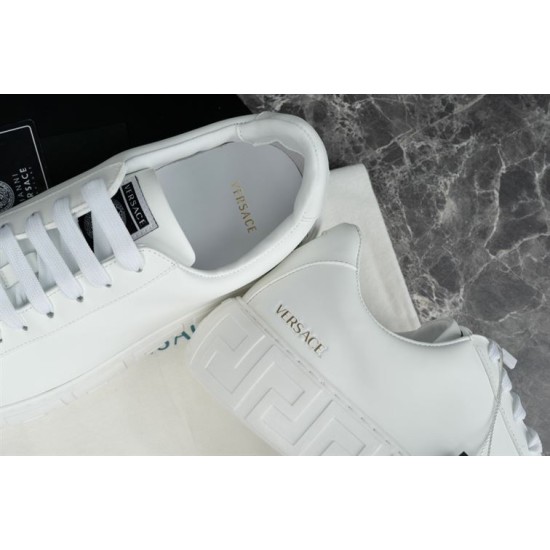 Versace White Trainer Heel Detail Close-up view of heel counter and tongue branding on white Versace trainer