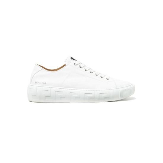 Versace White Leather Low Top Trainer Profile Side profile view of Versace white leather trainer with embossed midsole