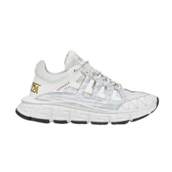 Versace Trigreca White Trainer Studio View in white and gold Studio profile shot of white Versace Trigreca trainer against white background in white and gold