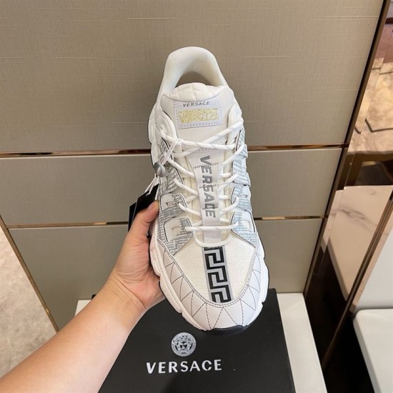 Versace Trigreca White Trainer Top View in white and gold Top-down view of white Versace Trigreca trainer showing toe box detailing in white and gold