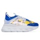 Versace Blue Baroque Chain Reaction Trainer Side View in blue and gold Side profile view of Versace blue and gold baroque Chain Reaction trainer showing chunky white sole