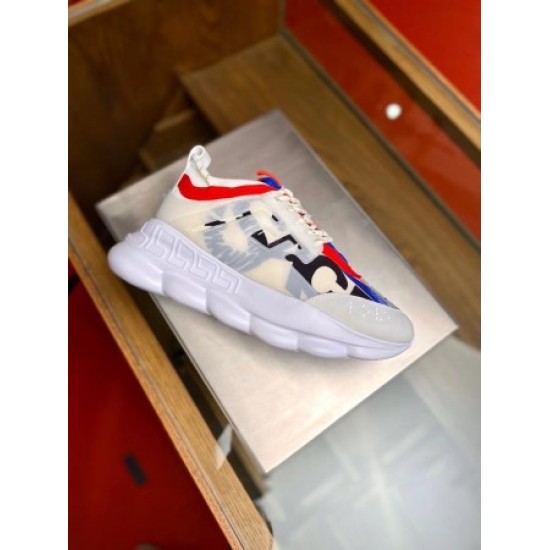 Versace Chain Reaction Elevated Side View in white and red Elevated side view of white and red printed Versace Chain Reaction low top trainers