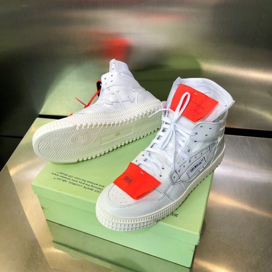 Off-White 3.0 Court High-Top Trainers White Top and Sole View Top-down view of Off-White 3.0 Court white trainers showing rubber tread sole and upper details