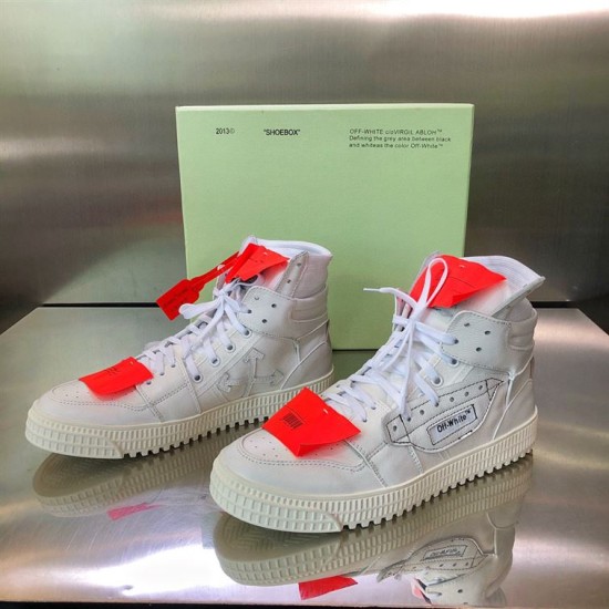 Off-White 3.0 Court Leather High-Top Trainers White Display Pair of Off-White 3.0 Court white leather high-top trainers displayed with green box