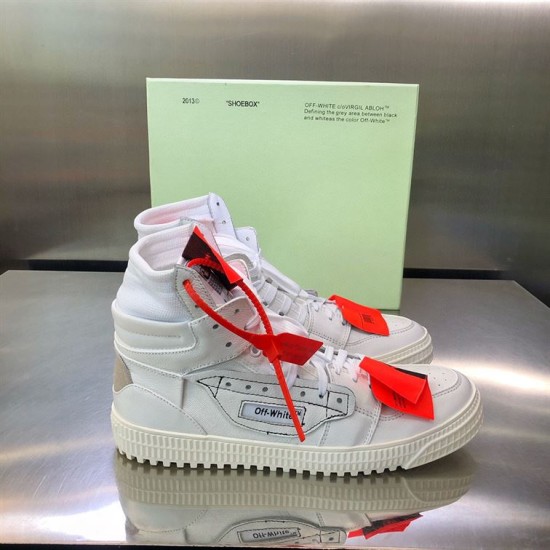 Off-White 3.0 Court Leather High-Top Trainers Lateral Profile Lateral side view of white Off-White 3.0 Court high-top trainers positioned near box