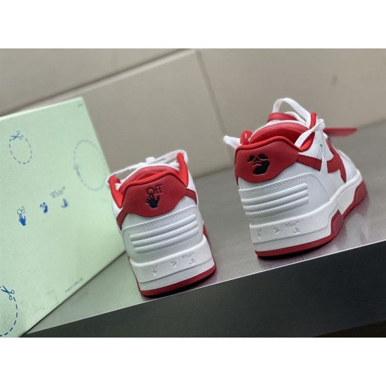 Rear view displaying red heel tabs with black logo graphics on Off-White trainers