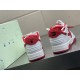 Rear view displaying red heel tabs with black logo graphics on Off-White trainers