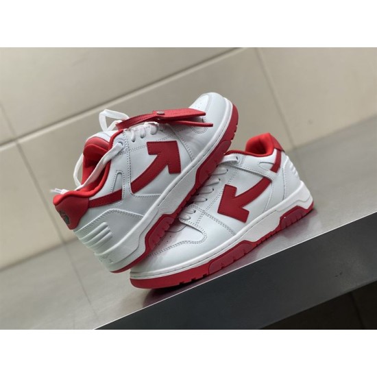 Pair of Off-White Out Of Office white and red leather trainers resting together