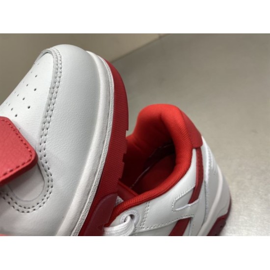Close-up of padded red lining and perforated toe box on white trainer in off-white and white