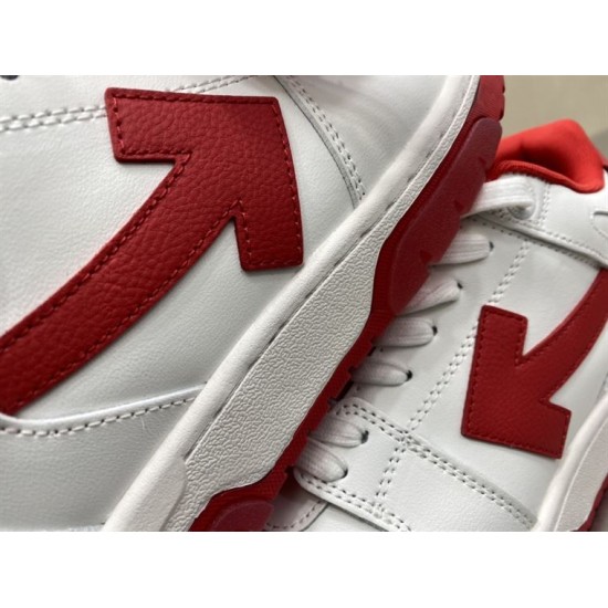 Detailed view of red leather arrow motif on white leather trainer upper in off-white and white