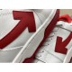 Detailed view of red leather arrow motif on white leather trainer upper in off-white and white