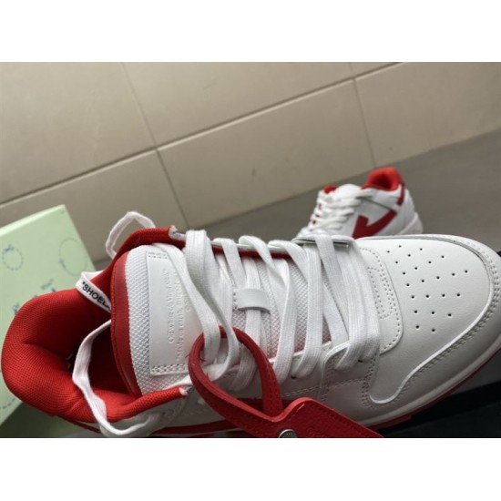 Close-up view of padded tongue and laces on Off-White white and red trainer