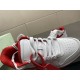 Close-up view of padded tongue and laces on Off-White white and red trainer