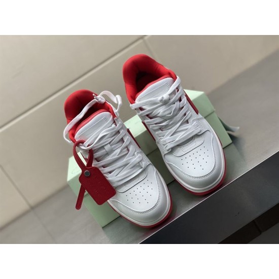 Top-down view of Off-White Out Of Office white and red leather trainers