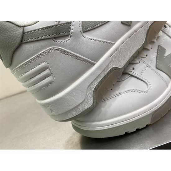 Off-White Out Office Trainers Heel Construction Detail Close-up view of heel counter stitching on Off-White Trainers White Grey