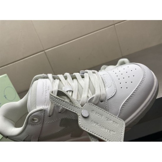Off-White Out Office Trainers Zip Tie Detail Close-up view of zip tie tag and laces on Off-White Trainers White Grey