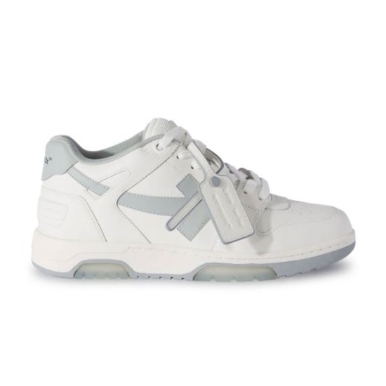 Off-White Out Office Leather Low Top Trainers White Grey Side View Off-White Out Office Leather Low Top Trainers in White Grey side view
