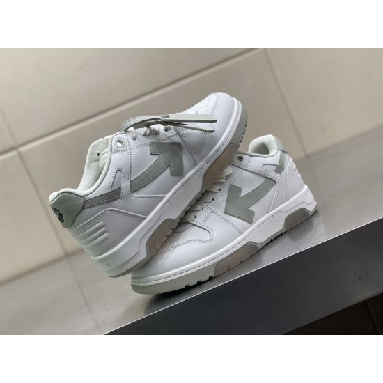 Off-White Out Office Leather Low Top Trainers White Grey Pair Pair of Off-White Out Office Leather Low Top Trainers White Grey resting together