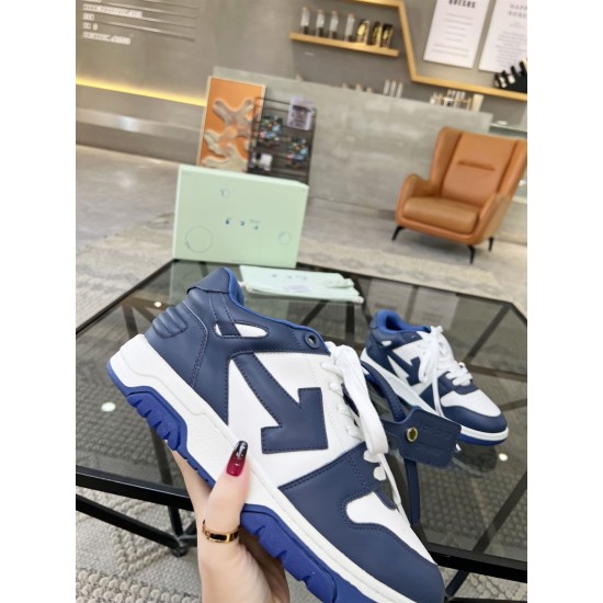 Off-White Out Office Leather Trainers White Royal Blue Outer Side Off-White Out Office Leather Trainers White Royal Blue handheld outer view highlighting arrow emblem