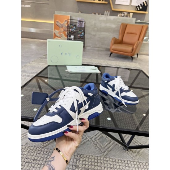 Off-White Out Office Leather Trainers White Royal Blue Handheld Profile Off-White Out Office Leather Trainers White Royal Blue handheld lateral perspective display